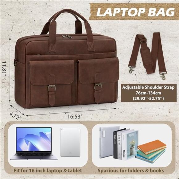 Mens Leather Laptop Bag 16 Inch Messenger Work Briefcase Shoulder Bag Brown - Picture 4 of 7